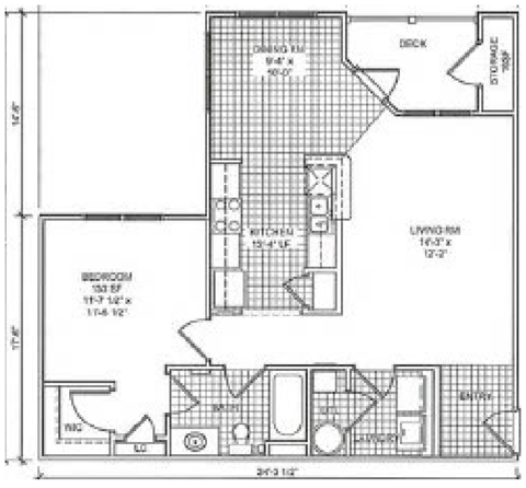 Floor plan for 1 bed, 1 bath, 801 sqft